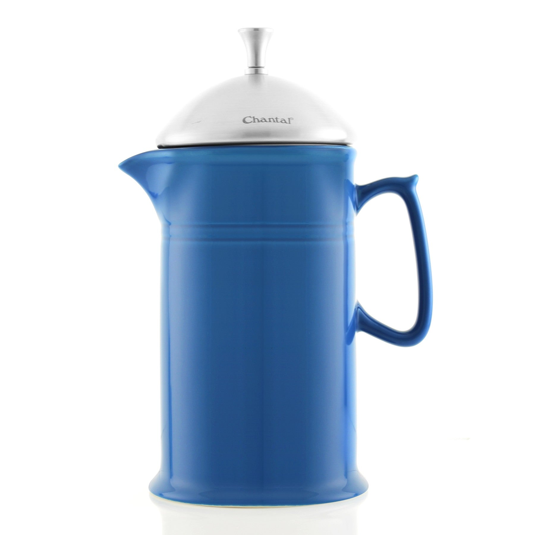92-FP28BC90Degree side view of ceramic french press with stainless steel plunger in blue