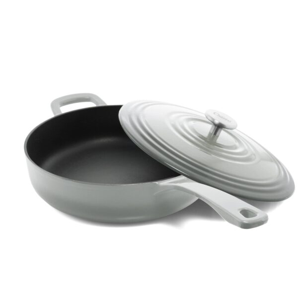 4 quart cast iron skillet with open lid in gray
